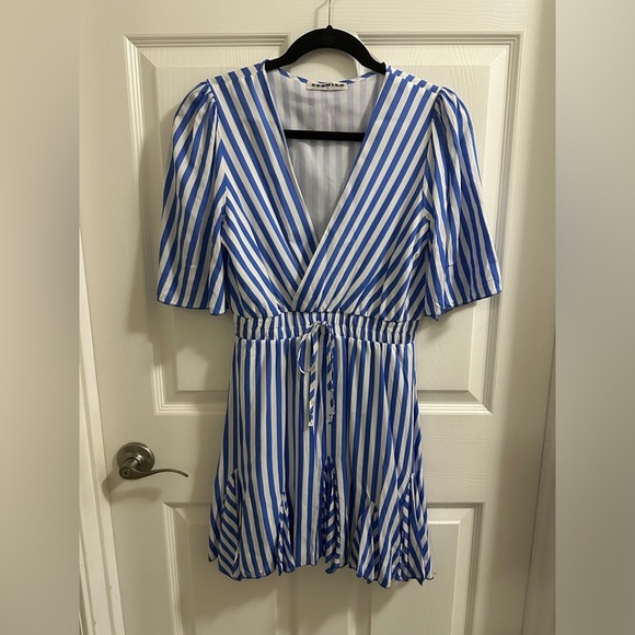 ecowish Dresses & Skirts - Ecowish Blue and White Striped Flutter Mini Dress V-neck Women’s size Small USA